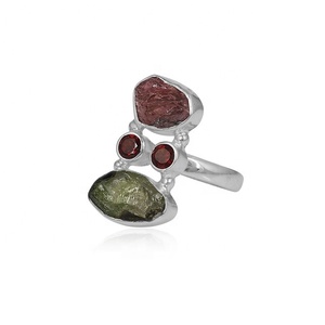 Natural Tourmaline & <b>Garnet</b> 925 Sterling <b>Silver</b> Statement <b>Ring</b> Raw Gemstone Birthstone Handmade Cocktail <b>Ring</b> - Product Image 1
