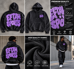Sweat-shirt à capuche noir délavé pour homme avec lettres imprimées en relief violet, coupe oversize, style streetwear, prix abordable, vente en gros - Product Image 4