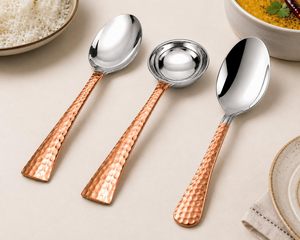 Ensemble de 3 cuillères de service en acier inoxydable avec manche en cuivre martelé, cuillère à soupe, cuillère à dessert, finition miroir de qualité supérieure - Product Image 5