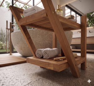 Modern Z Shaped Teak Wood Shower <b>Bench</b> 2 Tier Bathroom Organizer Shelf Spa Stool With <b>Storage</b> For Towels Toiletries Indoor - Product Image 5