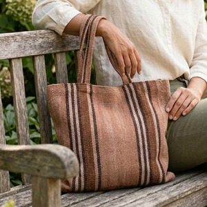 Summer <b>Handmade</b> Woven Stripe Beach Shoulder Bag Handloom Summer Travel Carry Woven Brown Stripe Tote Bag <b>Clothes</b> Bag - Product Image 2