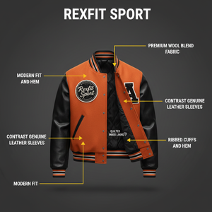 Chaqueta Varsity Personalizada RexFit Sport para Hombre, Chaqueta Bomber de Béisbol con Mangas de Cuero, Logotipo Bordado, Ropa Urbana OEM - Product Image 5