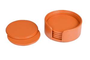 Ensemble de dessous-de-verre ronds en cuir PU avec support, faits à la main, imperméables, pour boissons, tasses à thé et café, couleur grise - Product Image 4