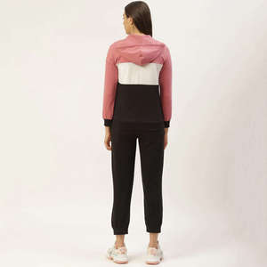 Women's Pink <b>White</b> Black Color Blocked Hooded Sweatshirt <b>Set</b> With Side Stripe Track Pants Regular Fit All Seasons Sporty Style - Product Image 3
