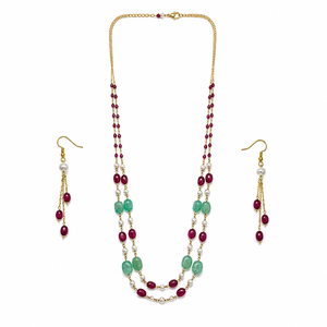 Custom Rhodium Plated <b>Necklace</b> Multi Gemstone Emerald <b>Ruby</b> Coral Bead Pearl Dual Layer Long Haar Chain Fine Women Luxury Gift - Product Image 2