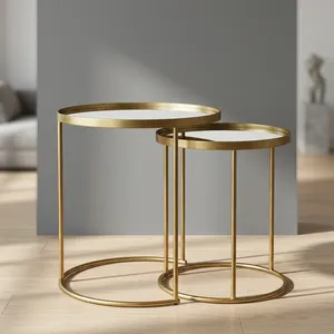 Modern Nesting <b>Side</b> <b>Tables</b> with <b>Glass</b> Top and Brass Metal Frame Living Room Furniture Decorative Accent <b>Table</b> - Product Image 3
