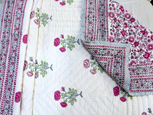 Colcha india floral rosa con estampado a mano, reversible, estilo Jaipuri Razai, de algodón, estilo bohemio. - Product Image 3