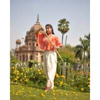 Ensemble dhoti et haut respirant à imprimé floral tissé orange, coupe ample, taille élastique, taille XS, pour les occasions quotidiennes