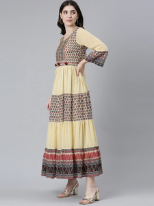 Elegant Beige Printed Tiered Maxi Dress with Ethnic Motifs Flowy Silhouette and <b>Three</b>-Quarter Sleeves for Festive Casual Wear - Product Image 2