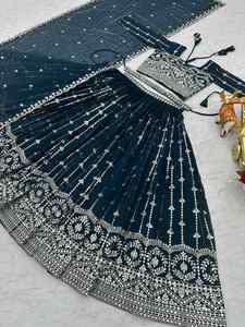 DESIGNER FAUX GEORGETTE EMBROIDERY SEQUENCE <b>WORK</b> LEHENGA CHOLI WITH DUPATTA AND WAIST <b>BELT</b> NAVY BLUE 75334 - Product Image 2