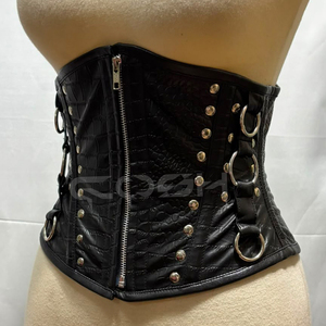 Corset gothique sous-poitrine en cuir gaufré effet peau d'animal noir, avec baleines en acier et ferrures argentées - Product Image 5