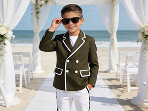 Costume de blazer vert olive à double boutonnage pour garçons pour mariage à la plage |   Costume de fête formel pour enfants avec passepoil blanc - Product Image 2