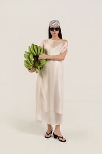 Women's <b>Red</b> <b>Silk</b> Organza Dress, Asymmetrical Shoulder, Voile, Loose Straight Fit, Elegant Minimalist Casual Style - Product Image 4