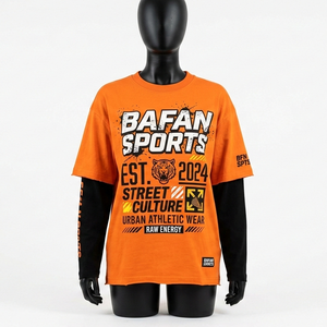 Chemises à double couche en coton et jersey de polyester, intérieur orange et noir, manches longues, impression sérigraphique personnalisée effet vieilli, coton double couche. - Product Image 5