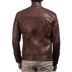 Chaqueta de Cuero Marrón, Piel de Vacuno Auténtica, Cierre de Cremallera, Cuello con Banda, Botones a Presión, Puños con Cremallera, Estilo Clásico Premium - Product Image 5