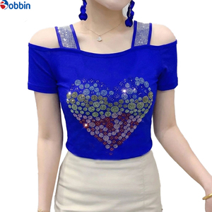 Custom Color Women Flower Rhinestone Off Shoulder Shiny <b>Sequined</b> Clothes Tee Tops Breathable Short Sleeve <b>Shirts</b> Party <b>T</b>-<b>shirt</b> - Product Image 4