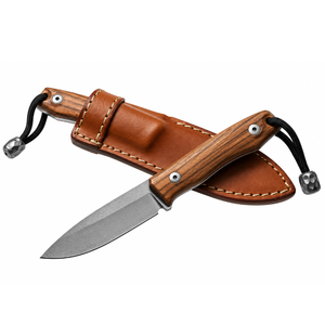 Couteaux de chasse d'extérieur à manche en bois brun moyen avec lame fixe grise, poignée ergonomique, étui en cuir marron et cordon de suspension - Product Image 5