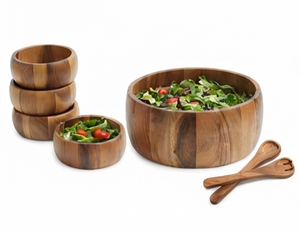 Ensemble de saladiers en bois de qualité supérieure, ronds, durables, compatibles lave-vaisselle, design minimaliste, ensemble de vaisselle 4 pièces avec cuillères de service - Product Image 1