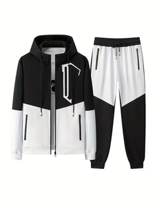 Men's Black <b>White</b> Color Blocking Customized Breathable 340g Hoodie <b>Jogger</b> Set Casual Winter Wear Knitted Cotton Sweatshirt Pants - Product Image 1