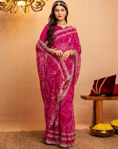 Sari de Georgette Bandhani Reversible Bordado de Secado Rápido y Sin Arrugas para Mujer KV (Rosa Dorado) para Bodas y Fiestas de Otoño - Product Image 5