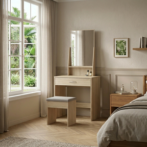 Modern Oak Vanity <b>Table</b> Set Compact Bedroom Dresser with Rectangular <b>Mirror</b> Single Drawer Makeup Desk Dressing <b>Table</b> with Stool - Product Image 1