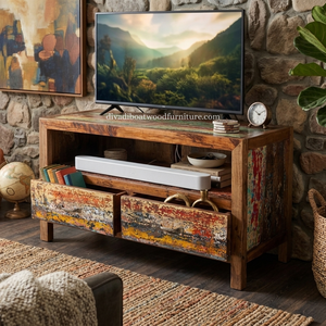 Mueble para TV DIVADI de Madera de Barco Reciclada, Sostenible, con 2 Cajones, Madera Sólida, Moderno, Unidad de Entretenimiento de Madera Reciclada, Soporte para Dispositivos Multimedia - Product Image 6