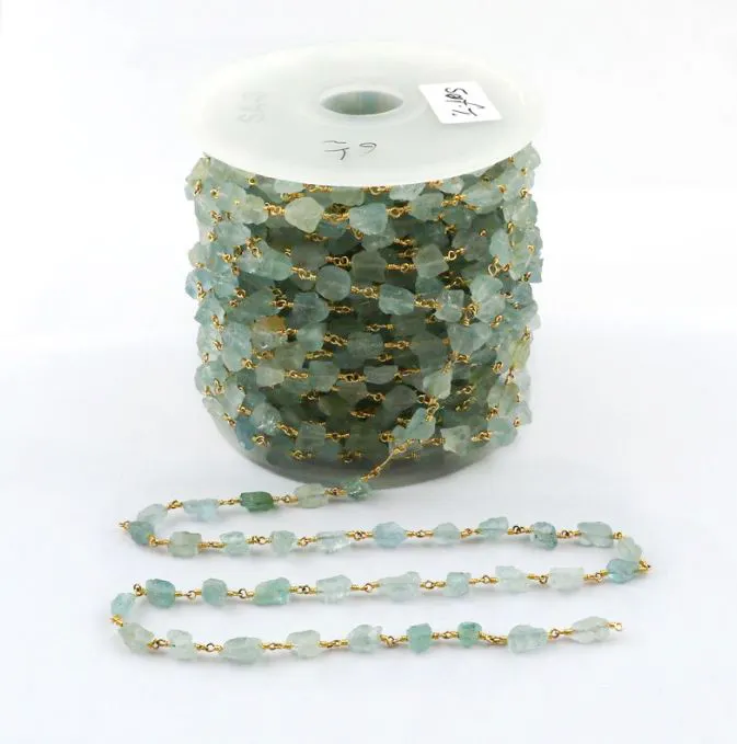 Natural Raw Aquamarine Handmade Wire Wrapped Gold Plated Rosery Chain Size 8-10mm Birthstone Beaded Chain Gemstone Chain
