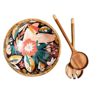 Ensemble de bols à salade ronds en bois d'acacia massif, imprimés avec un motif grain de bois, décorés d'autocollants personnalisés en émail. - Product Image 4