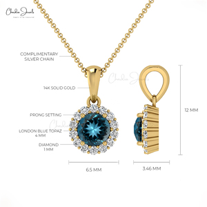 Trending Products 4mm Prong Set London Blue Topaz Gemstone Halo <b>Pendant</b> with 14k <b>Solid</b> <b>Gold</b> Customized Diamond <b>Pendant</b> Jewelry - Product Image 4