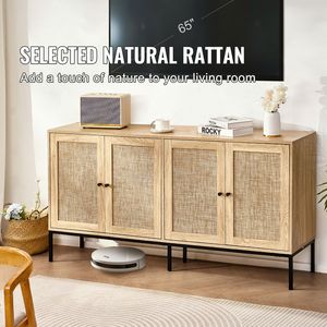 Adjustable Shelves Rattan Storage Cabinet with 4 Magnetic Doors <b>Sideboard</b> Buffet for Hallway Entr <b>Kitchen</b> Cabinets - Product Image 2