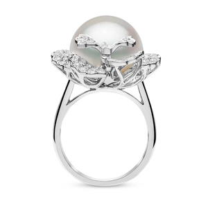 Luxury Women <b>Cocktail</b> <b>Ring</b> With Seawater Pearl And Round Brilliant Cut Diamonds Flower Design 18K Solid <b>Gold</b> - Product Image 3