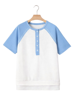 Women White Sky Blue Raglan Sleeve Henley T Shirt Cotton Blend Short Sleeve Casual Summer <b>Top</b> Comfortable Lightweight Wear - Product Image 1