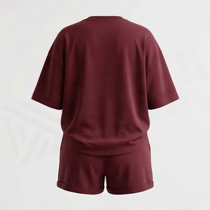 Women's 2 Piece Set <b>Maroon</b> Short Sleeve T Shirt and Above Knee Shorts Casual Loose Fit Geometric Print Foil Design Spring Summer - Product Image 3