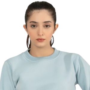 Women's Light Blue Crew Neck <b>Long</b> <b>Sleeve</b> <b>Cropped</b> Sweatshirt Fitted Casual Top with Elastic Waist Detail Minimalist Activewear - Product Image 2