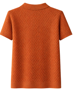 Custom Mens <b>Rust</b> Orange Textured Knitted Polo Shirt Short Sleeve Summer Casual Slim Fit Knitwear Custom Logo Wholesale Supplier - Product Image 5