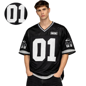 เสื้อฟุตบอลอเมริกันสีดำแบบตาข่าย คอวี โพลีเอสเตอร์ พิมพ์หมายเลขตามสั่ง สไตล์ทีม ทรงโอเวอร์ไซส์ บริการผลิตจำนวนมาก - Product Image 1