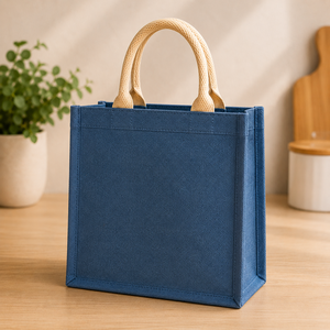 Bolsa de Almuerzo Azul de Yute, Ecológica, Duradera, Espaciosa, Ligera, para Oficina, con Estampado 'Good Food Good Life' - Product Image 5