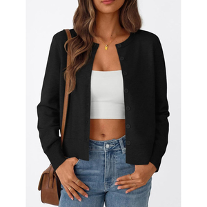 Cárdigan de punto negro para mujer, antiarrugas, grueso, con cuello redondo, botones frontales, informal, de manga larga, largo regular - Product Image 6