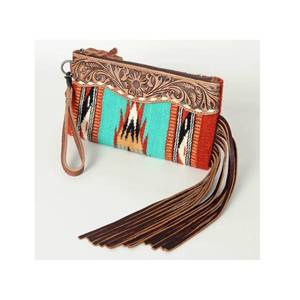 Genuine Tooled Leather Women's Wristlet Clutch with Fringe Waterproof Secure <b>Top</b> Zipper Closure Pearl Decoration - Product Image 1