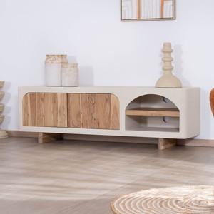 Vandana Ivory Form Contemporary TV unit with a <b>sandblasted</b> concrete and acacia wood finish Miona - Product Image 3