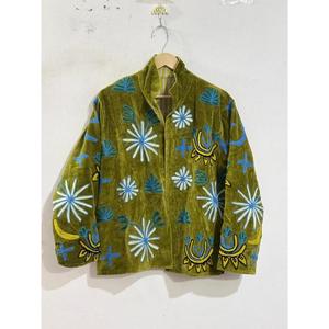 Handmade Unique Design Floral Embroidered Velvet Breathable <b>Jacket</b> Unisex <b>Mandarin</b> <b>Collar</b> Full Sleeve Autumn Handmade Cotton - Product Image 1