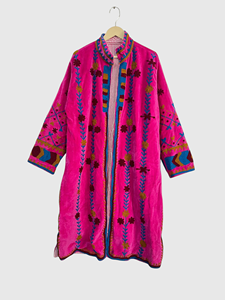 Pink Plus Size Women's <b>Velvet</b> Jacket Mandarin Collar Full Sleeve Hand Embroidered Floral Pattern Long Coat Winter Wear - Product Image 1
