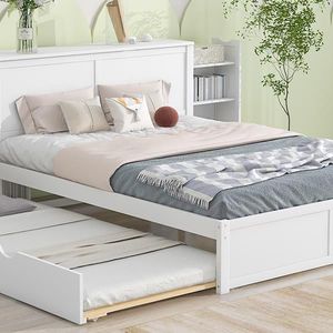 Queen Size Storage Platform Bed with White Pull-Out Shelves & Twin XL Trundle Up-Holstered Furniture - Product Image 5