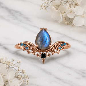 Bague de fiançailles Labradortie Bat Wing en argent sterling 925 massif, rhodiée noire, sertie de griffes, pour femme, style gothique, bague cocktail, vente en gros - Product Image 4