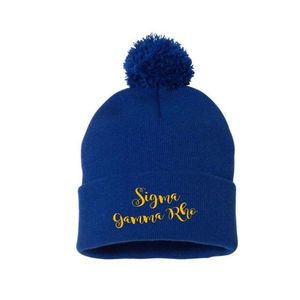 หมวกไหมพรมปอมปอม Sigma Gamma Rho สีน้ำเงินรอยัล พร้อมขอบพับ  หมวกไหมพรมอุ่นๆ สำหรับผู้หญิง  หมวกถักแบบกำหนดเองสำหรับชมรมนักศึกษากรีก - Product Image 1
