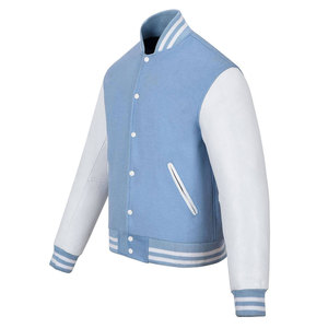 WholesMen's Light Blue Varsity <b>Jacket</b> with <b>White</b> PU Sleeves Stand Collar Zipper Closure Casual <b>Waterproof</b> Front Logo Autumn Wear - Product Image 2