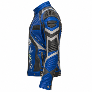 Men Blue Real Leather <b>Spiked</b> Biker Jacket Electric Guitar Graphic Print <b>Metal</b> Studded Coat Custom OEM ODM Vendor Factory Export - Product Image 4