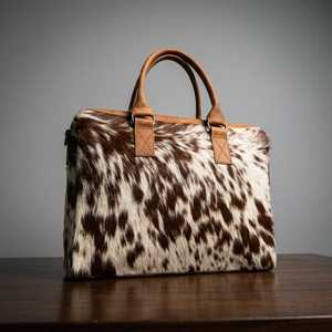 Bolsa de Lona Unisex con Estampado de Pelo de Vaca, Asa Rígida de Cuero Genuino, Estilo Caza, Cierre de Cremallera - Product Image 1