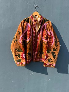 Handcrafted Mustard Velvet Suzani Embroidered <b>Jacket</b> with Traditional Floral Motifs and Striped Lining Coat At Factory Price - Product Image 1