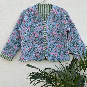 <b>Women</b> Quilted Cotton <b>Jacket</b> Floral Print V Neck Three Quarter Sleeve <b>Spring</b> Outerwear Contrast Trim - Product Image 1